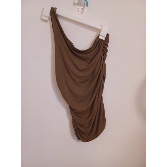 Agolde Off The Shoulder Top Womens S Tan V Neck Twist Tank Pullover Ruched Sides - Picture 6 of 8